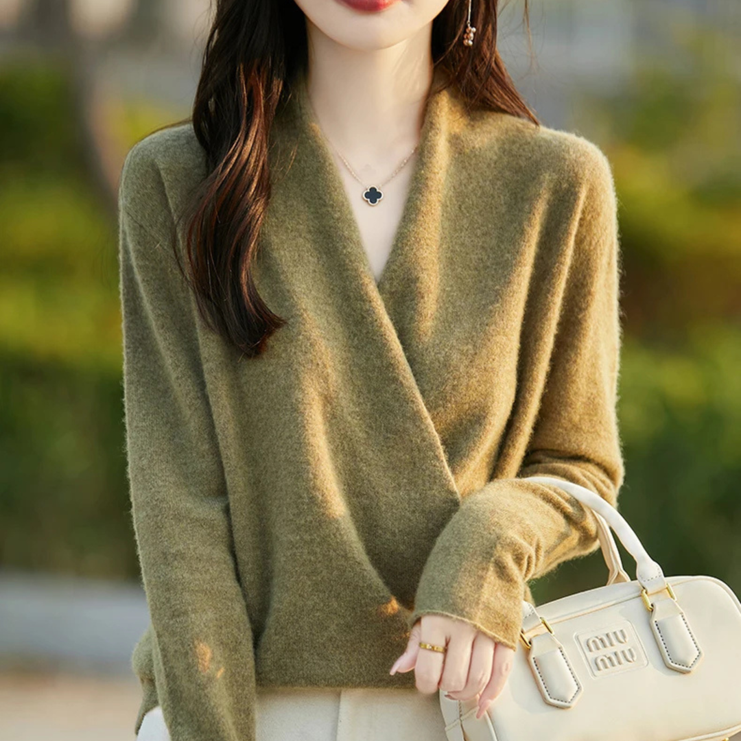 Comfortable women's wrap sweater, offering an elegant V-neck design for versatile fashion.
