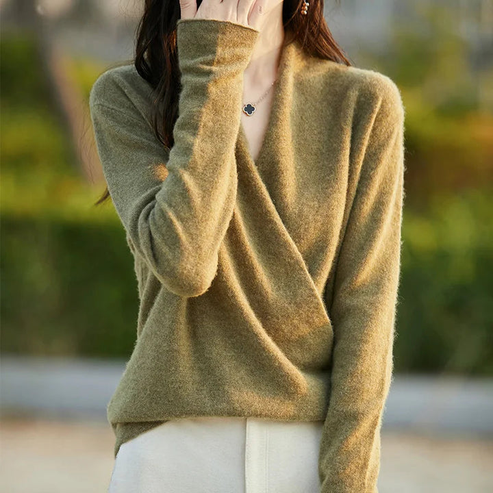 Elegant women's V-neck wrap top, perfect for a chic and comfortable layered style.