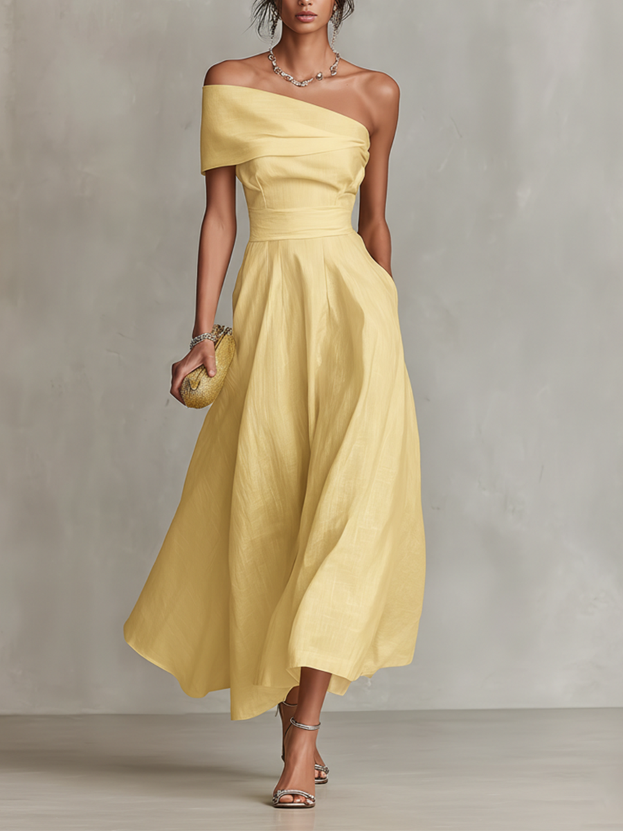 Elegant women's yellow ruched one-shoulder A-line midi dress, perfect for wedding guests or cocktail parties.