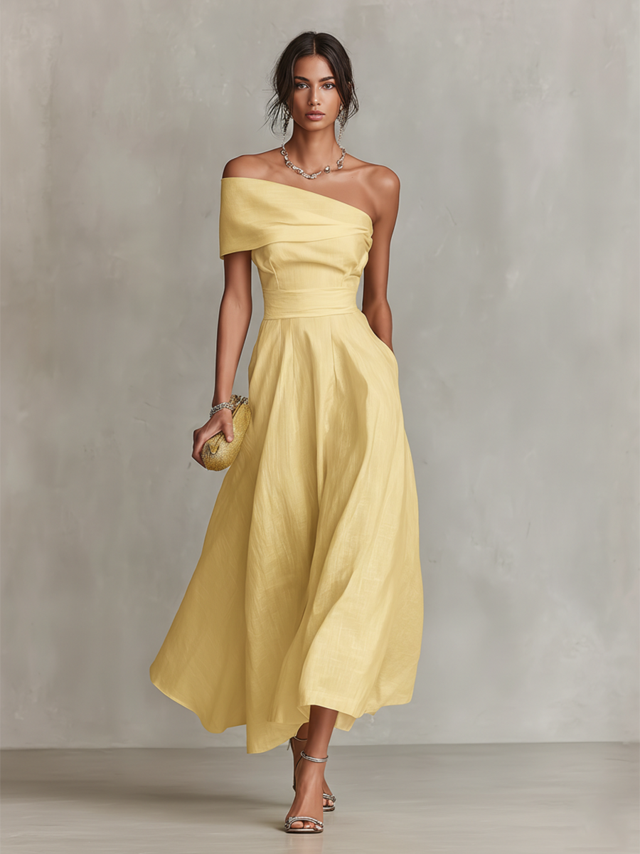 Chic women's one-shoulder A-line midi dress with ruched details, ideal for formal events & special occasions.