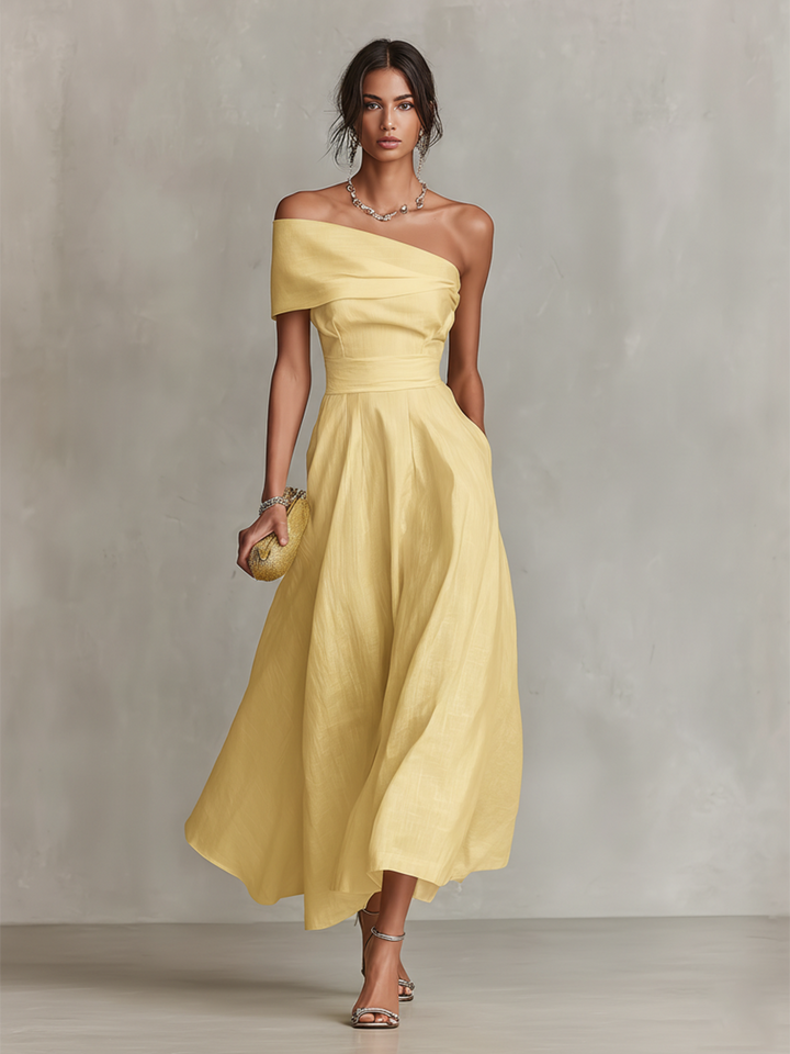 Chic women's one-shoulder A-line midi dress with ruched details, ideal for formal events & special occasions.