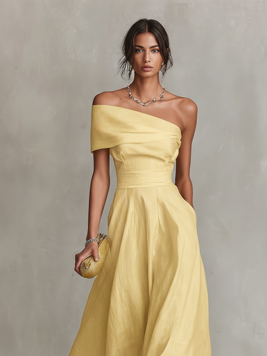 Stylish women's yellow one-shoulder ruched A-line midi party dress. Perfect for evening events & celebrations.
