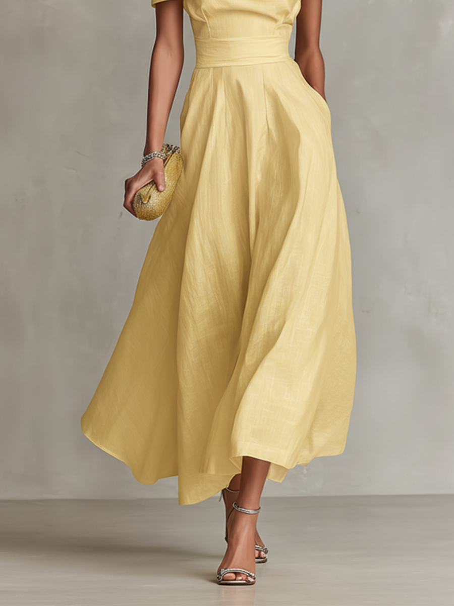 Sophisticated women's ruched one-shoulder A-line midi dress, a stunning choice for cocktail or wedding guests.
