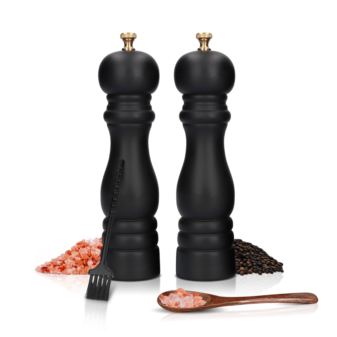 Elegant wood & ceramic salt & pepper mill set. Luxury spice grinders for modern kitchen & dining decor.