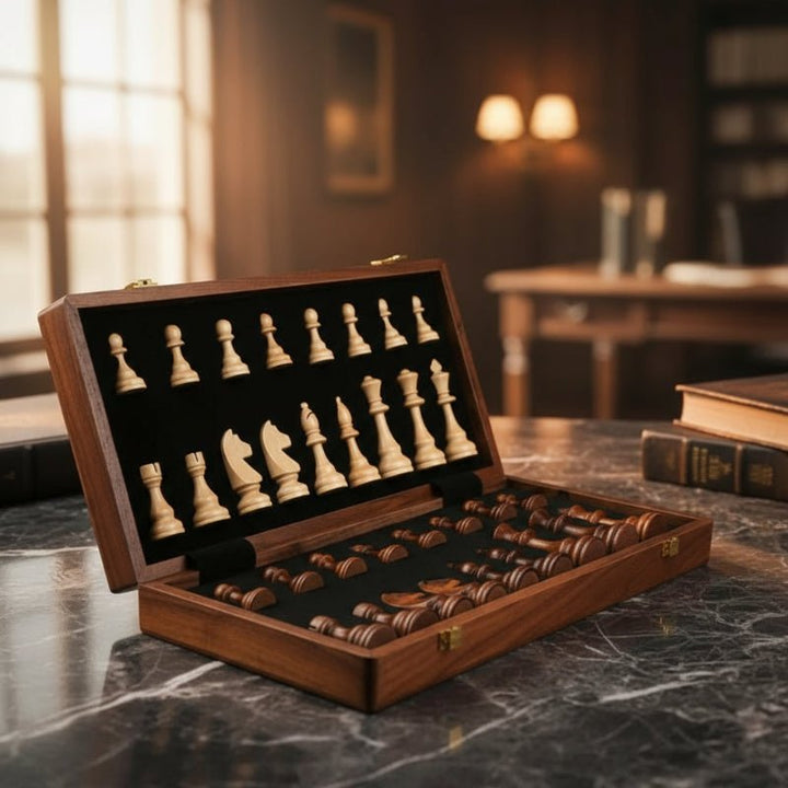 Elegant wooden chess set with solid wood pieces and a folding board, perfect for strategy game lovers.