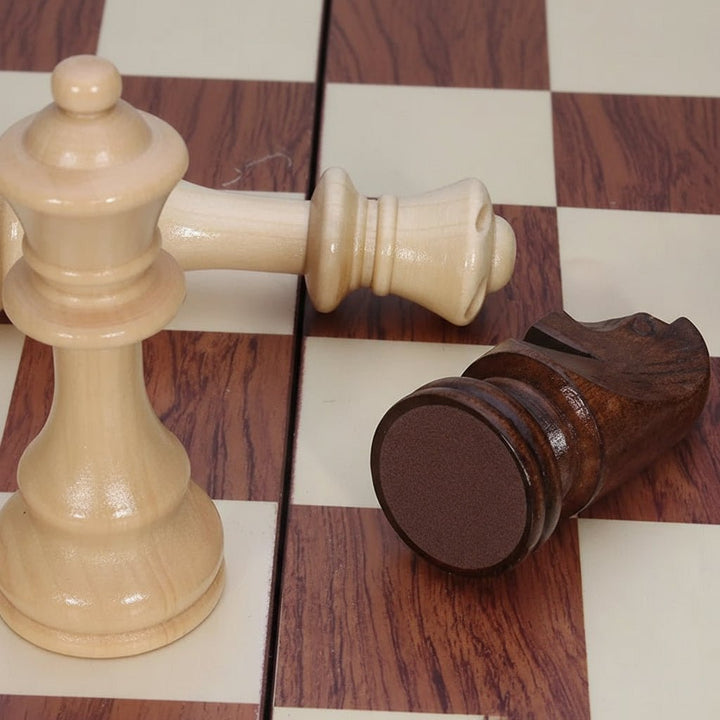 Close-up of solid wood chess pieces, handcrafted from quality wood for a classic, elegant strategy game.