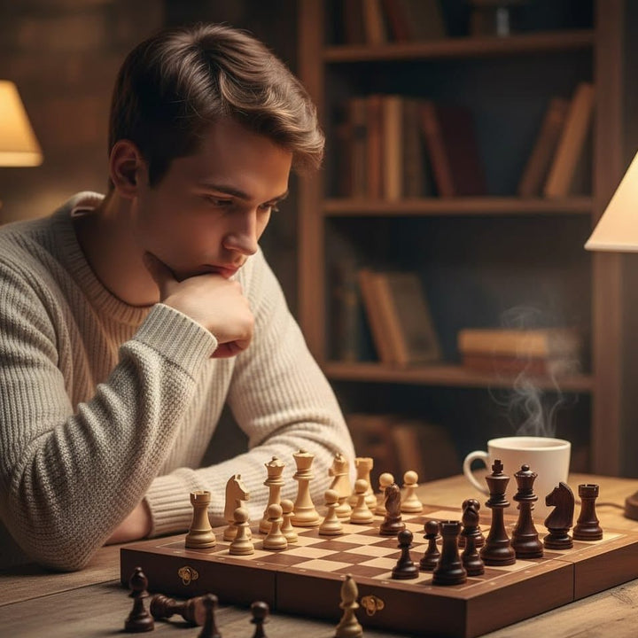 Portable wooden chess set with a folding board, ideal for travel or home, a classic family board game.