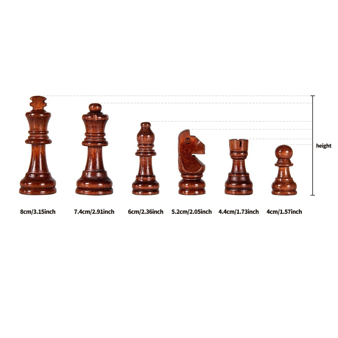 Classic wooden chess set in play, showing solid wood pieces on a folding board, ready for a strategic game.