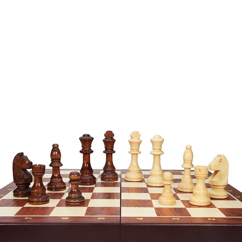 Handcrafted solid wood chess set, featuring elegant pieces and a sturdy folding board for a premium strategy game.