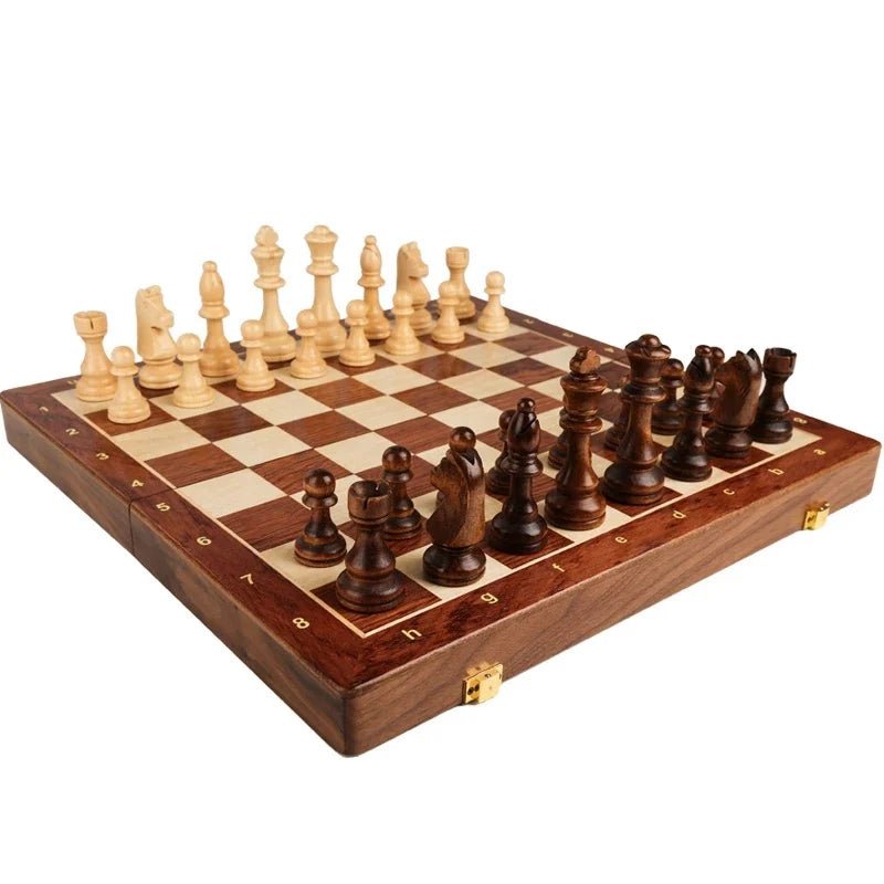 Premium wooden chess set with solid wood pieces & folding board. Classic, portable strategy board game & gift.