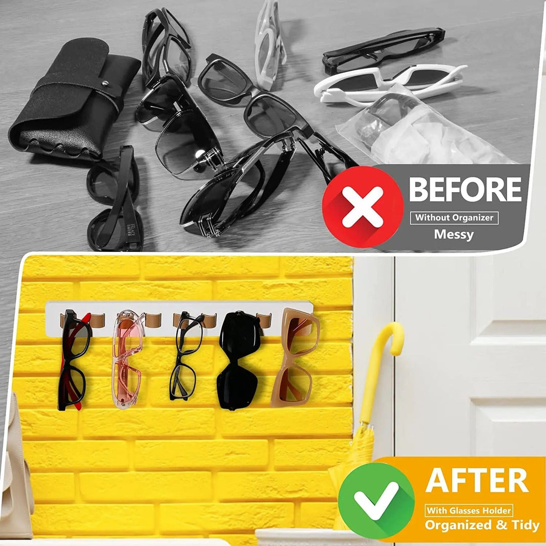 Space-saving wooden wall display rack with leather hangers for sunglasses & reading glasses.