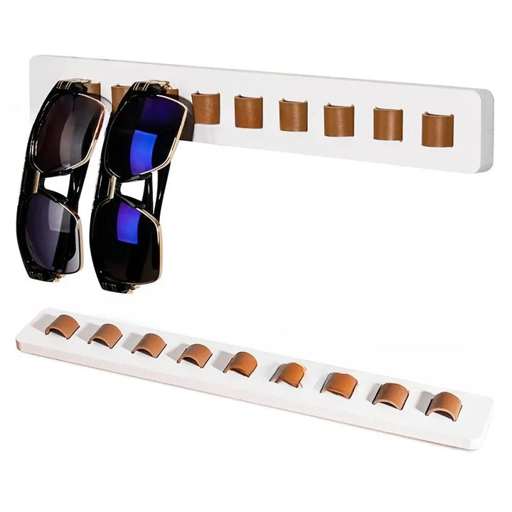 Functional wooden wall rack for displaying and organizing all types of eyewear.