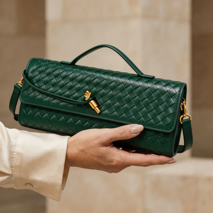 Elegant woven leather clutch purse for women, perfect for evening or daily wear.