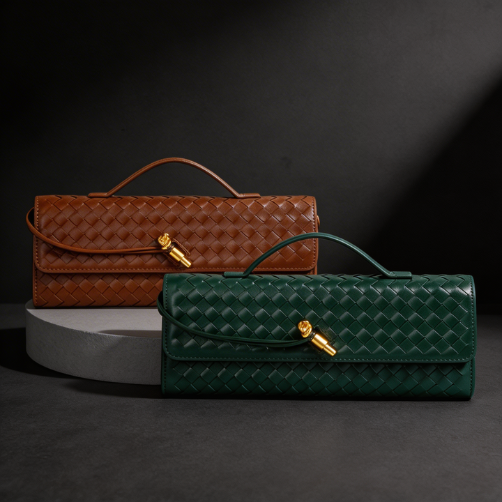 Chic brown woven leather clutch purse, a timeless women's accessory.