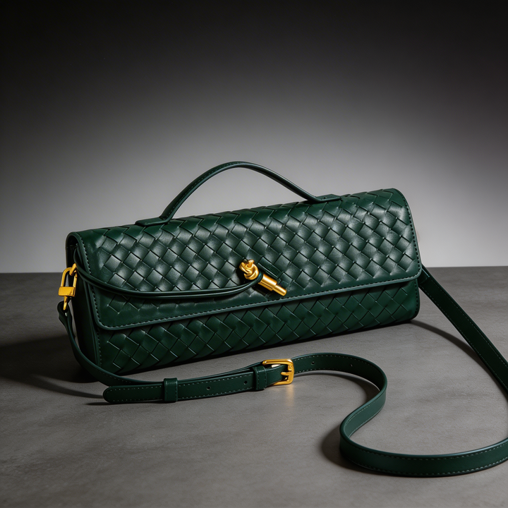 Sophisticated women's elegant woven leather clutch bag, available in various colors.