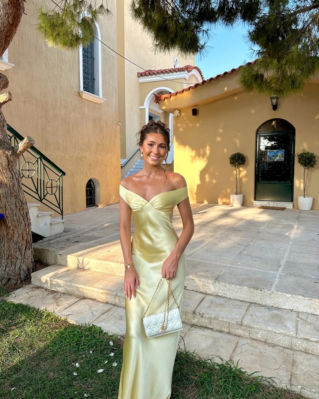 Beautiful women's yellow off-shoulder maxi dress with sweetheart neckline, perfect for wedding guests & formal events.
