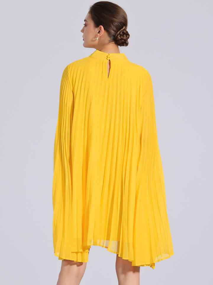 Women's flowy yellow pleated swing dress, perfect for special occasions, features a mock neck.