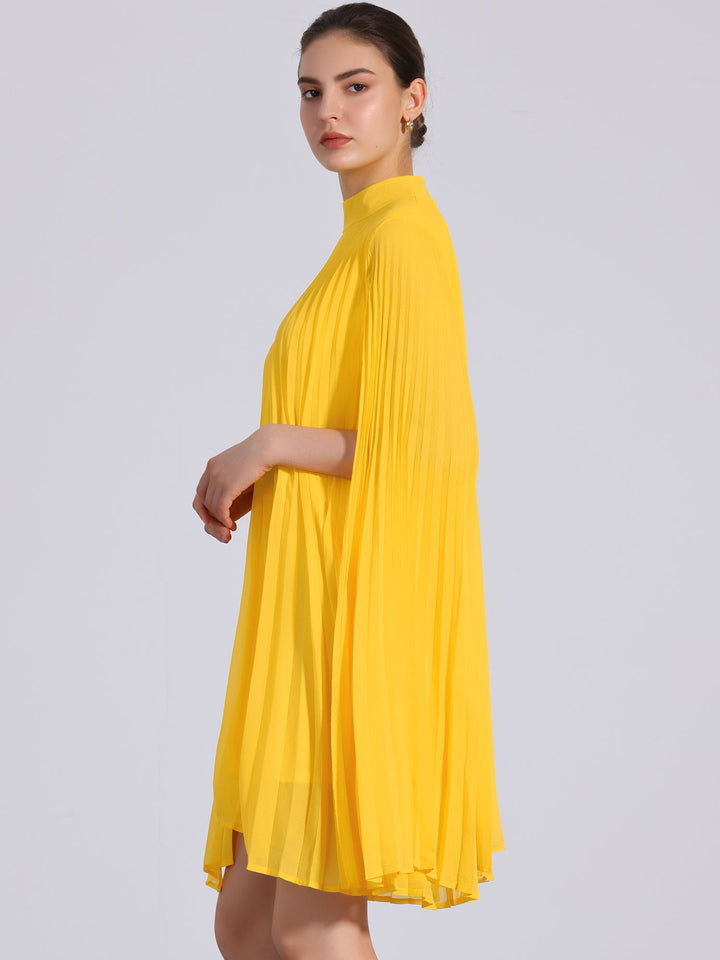 Stylish women's yellow pleated mock neck swing dress with elegant cape sleeves for evening fashion.