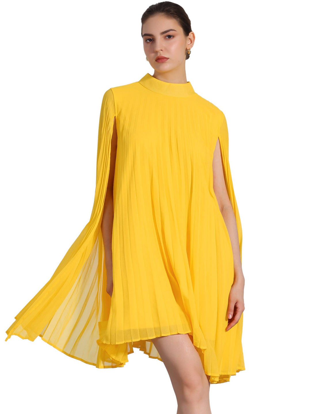 Vibrant yellow pleated swing dress for women, featuring a chic mock neck and comfortable flowy design.