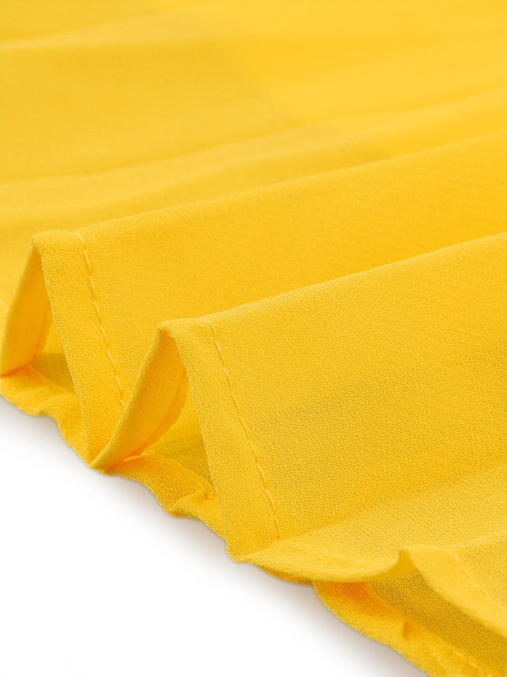 Graceful women's yellow pleated mock neck swing dress, ideal for parties and special events.