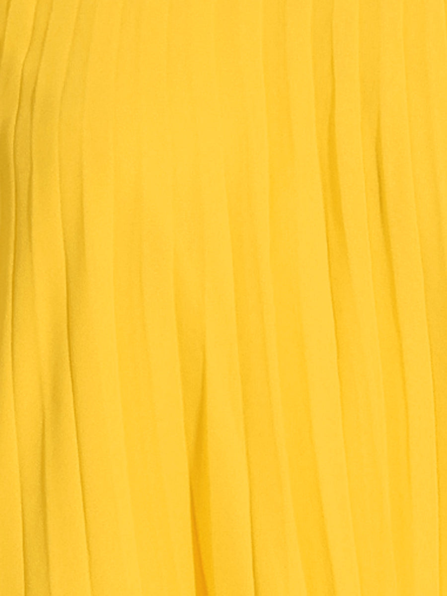 Fashionable yellow pleated swing dress with mock neck and cape sleeves, a perfect women's party dress.