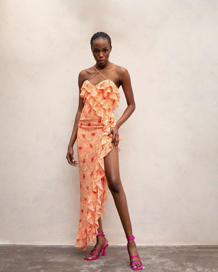 Elenna chiffon maxi dress with vibrant floral print, crisscross neck and ruffled hem