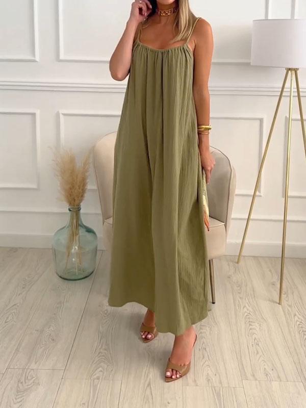 Elin women's cotton-linen blend round neck maxi dress in a flowing A-line silhouette, perfect for summer.