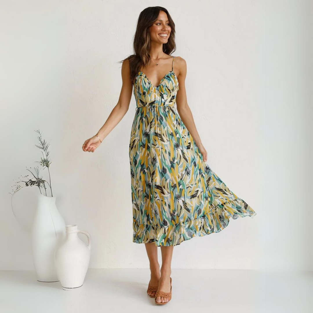 Elora women's printed backless summer dress, a casual sleeveless fashion for vacation