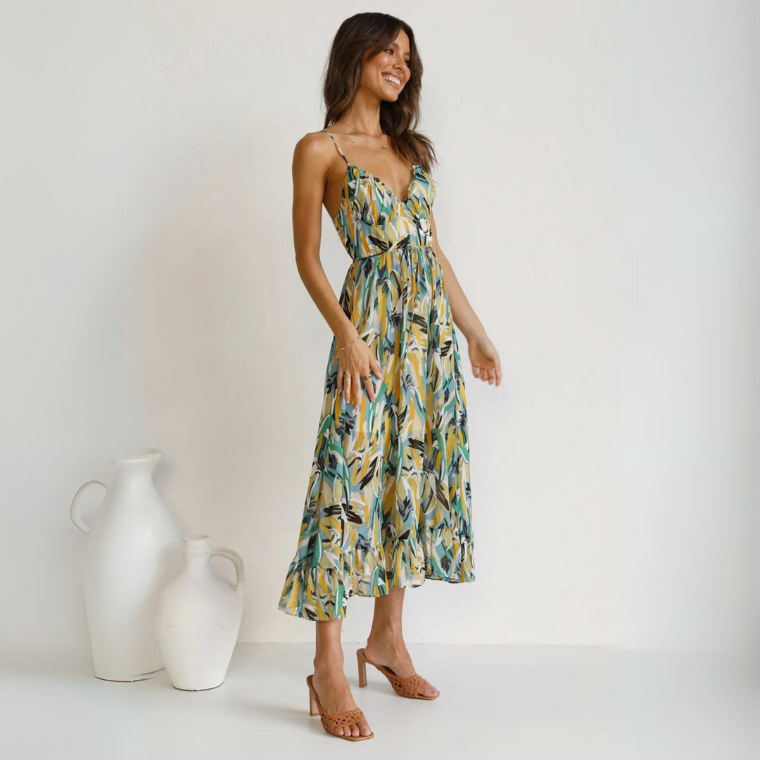 Close-up of printed fabric on Elora women's backless summer dress, a stylish casual clothing