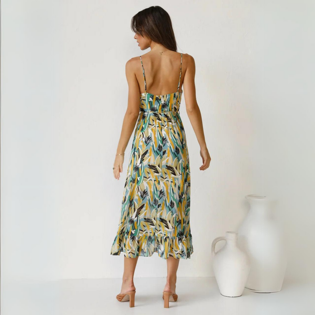 Elora women's backless summer dress featuring a unique print and sleeveless design for fashion