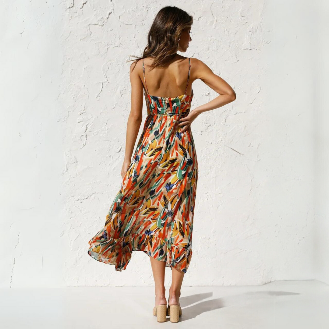 Casual Elora women's printed backless summer dress, ideal sleeveless clothing for vacation fashion