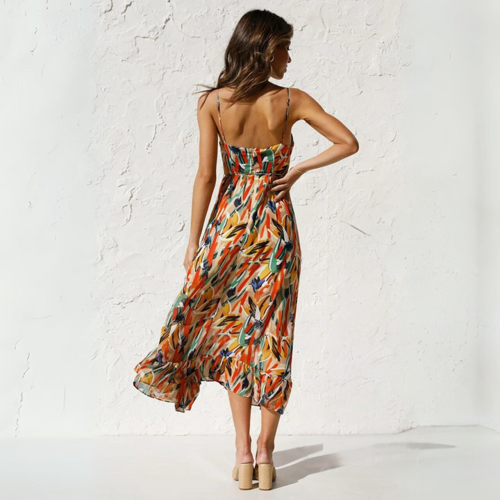 Casual Elora women's printed backless summer dress, ideal sleeveless clothing for vacation fashion