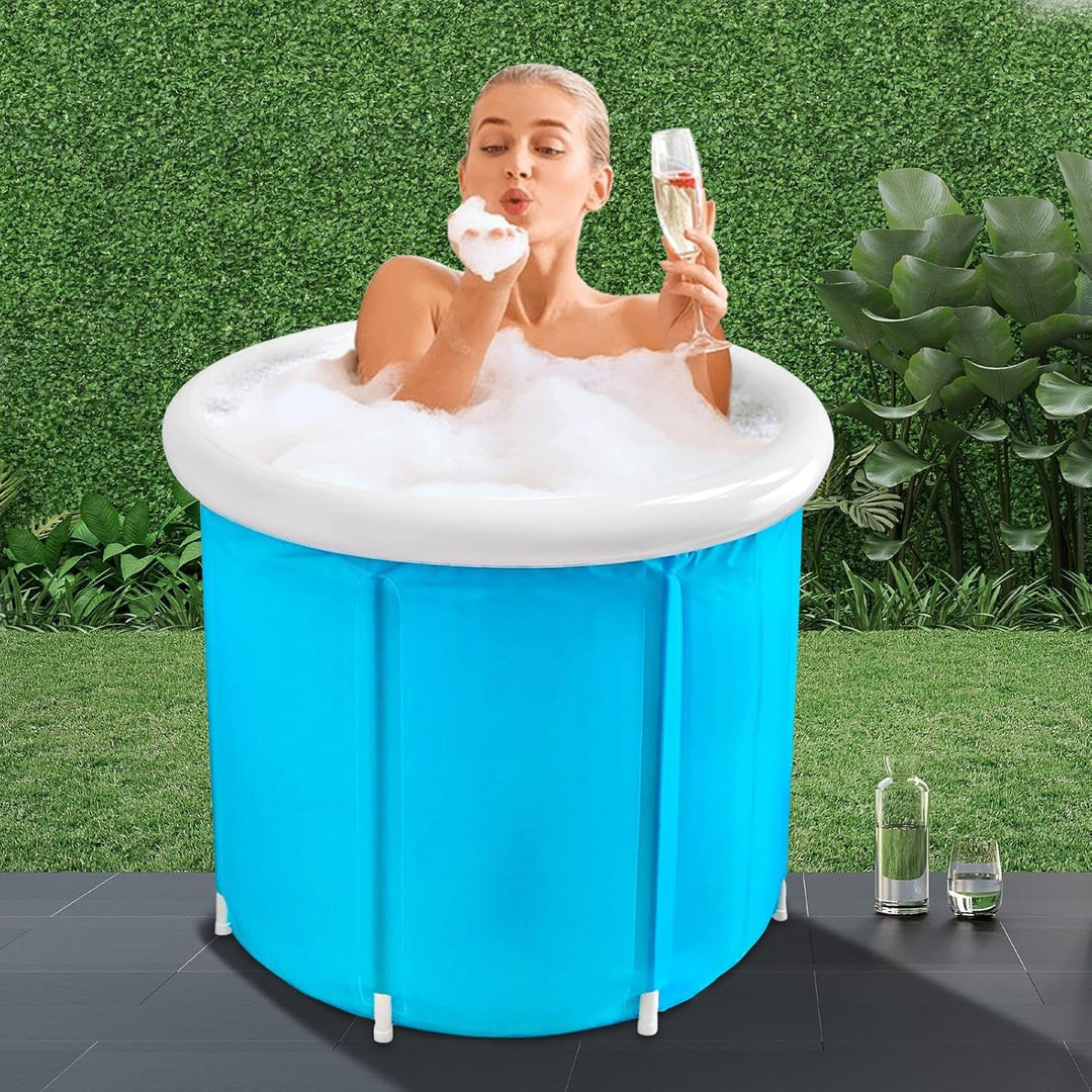 Eloria folding bathtub collapsed, demonstrating its space-saving portability