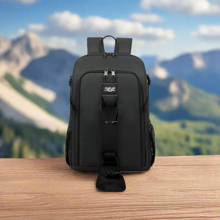 Elric camera backpack with multi-compartment storage for DSLR, lenses, and accessories.
