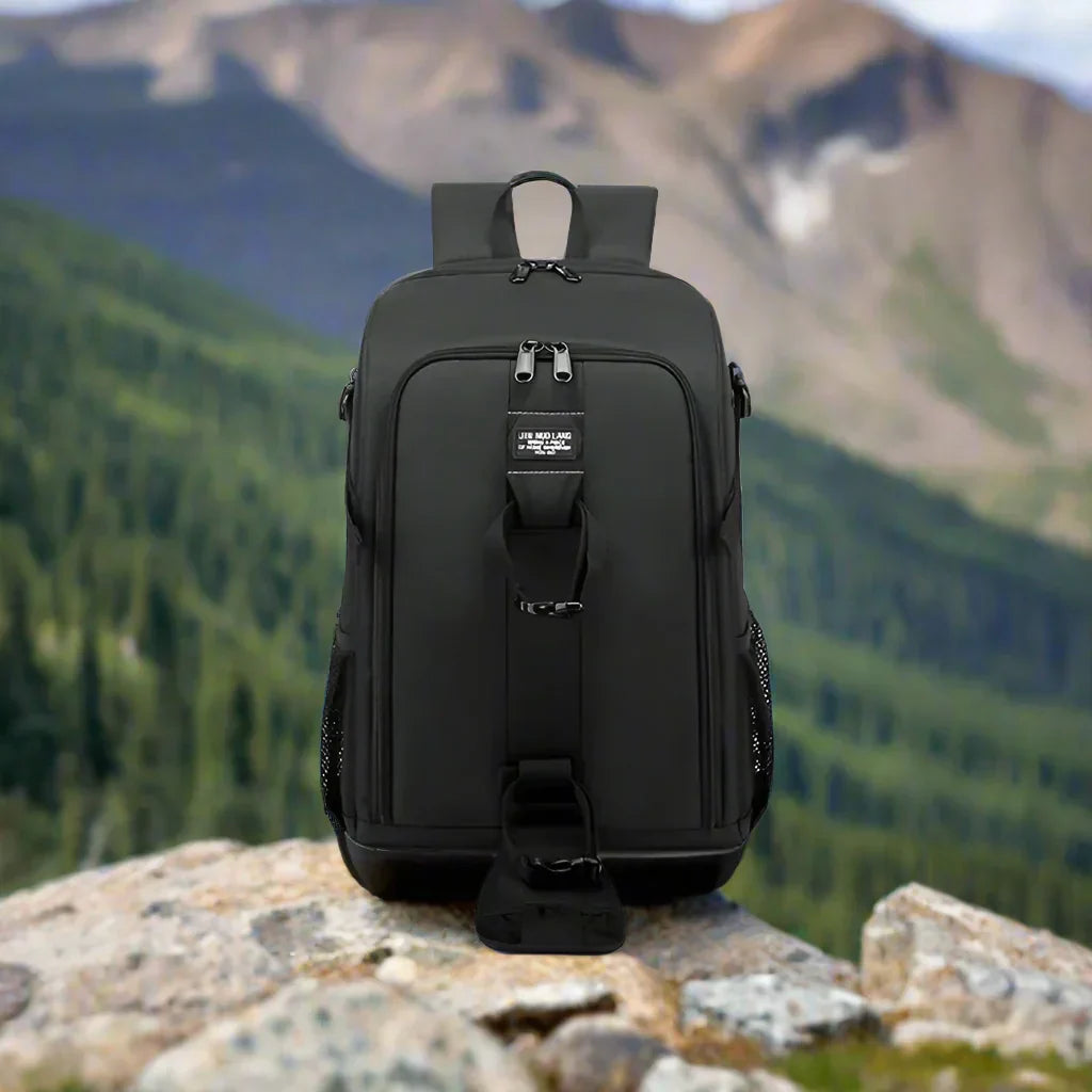 Waterproof Elric camera backpack, durable oxford fabric, padded interior for photographers.
