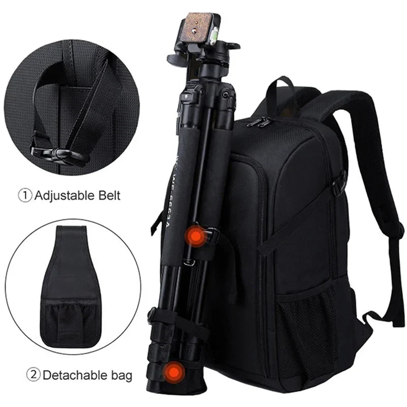 Travel-friendly Elric camera backpack for DSLR & lenses, side pocket, tripod straps.