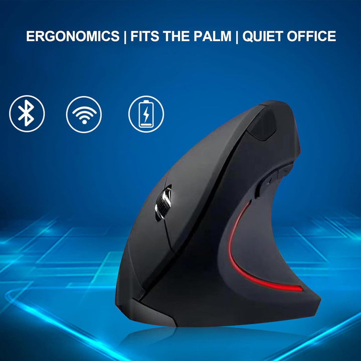 Close-up of the Elvion vertical wireless mouse's silent click buttons & scroll wheel, optimized for office use.