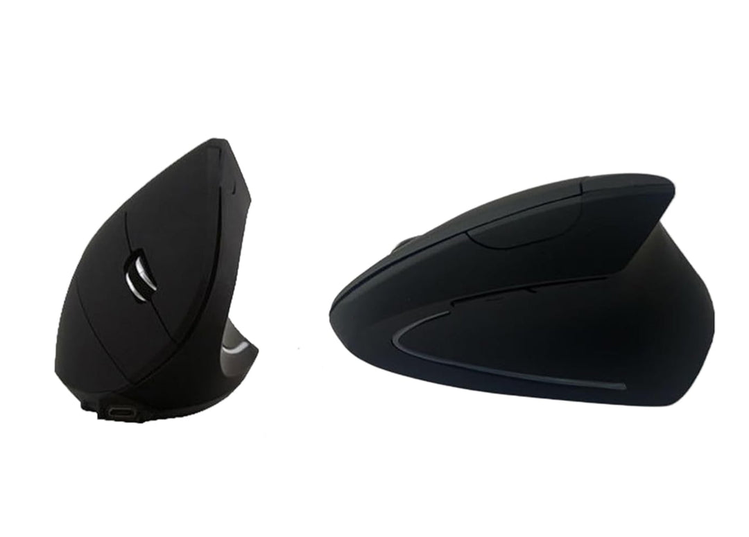Overhead shot of the Elvion vertical mouse on a desk, emphasizing its sleek design & wireless connectivity.