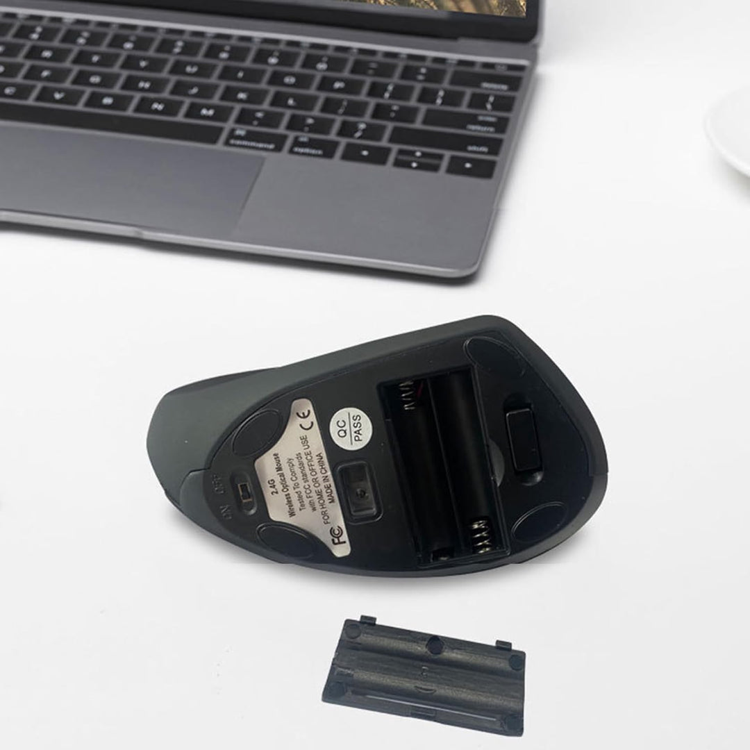 Set of Elvion vertical wireless mouse with its USB receiver, promoting a clutter-free workspace.