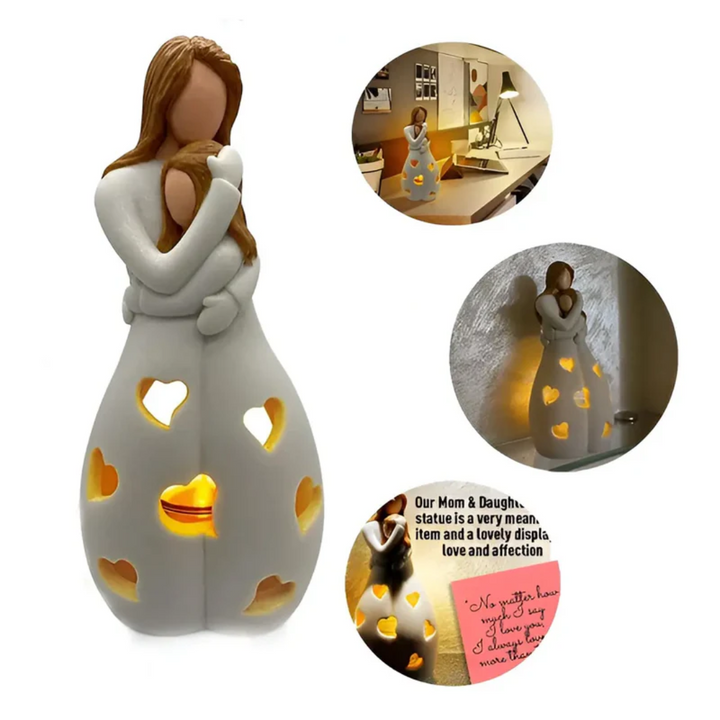 Mother & daughter embracing figurine candle holder, a sentimental family love home decor present.