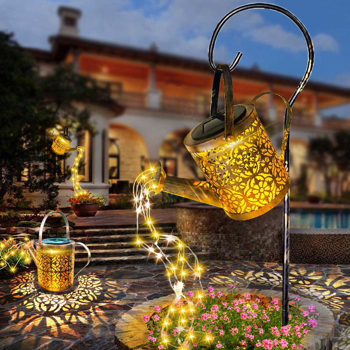 Close-up of decorative LED solar lamp, featuring energy-saving star shower lights for enchanting garden decor.