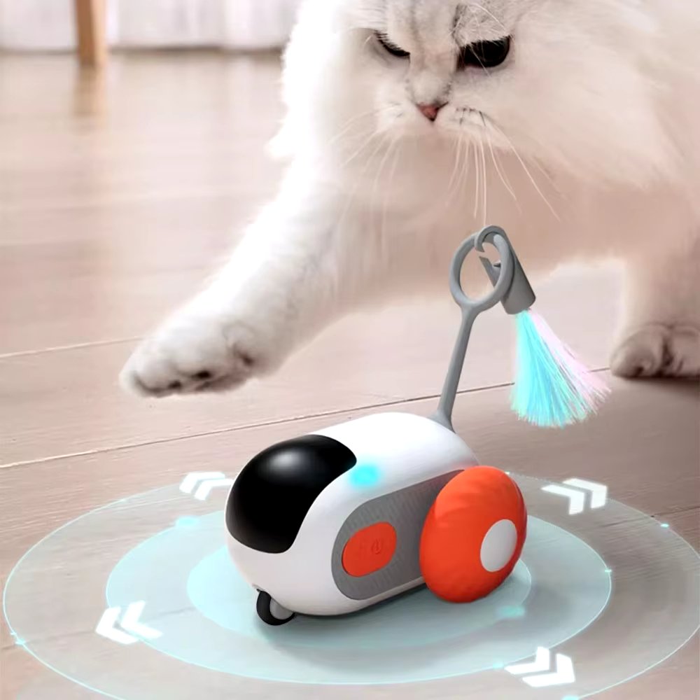 Rechargeable blue & orange electronic cat toy providing interactive fun & exercise for active felines.