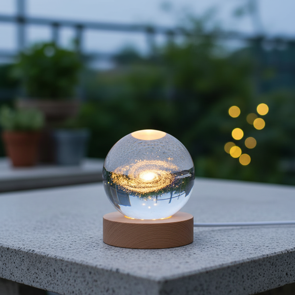 Engraved crystal sphere LED night light on solid wood base, celestial star design, unique gift