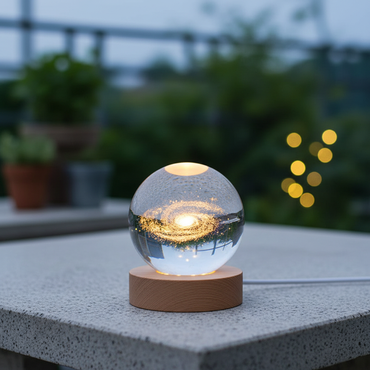 Engraved crystal sphere LED night light on solid wood base, celestial star design, unique gift