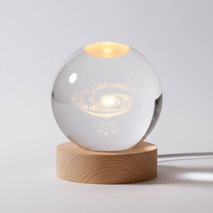 Unisex LED night light, crystal sphere engraved stars, warm glow from solid wood base