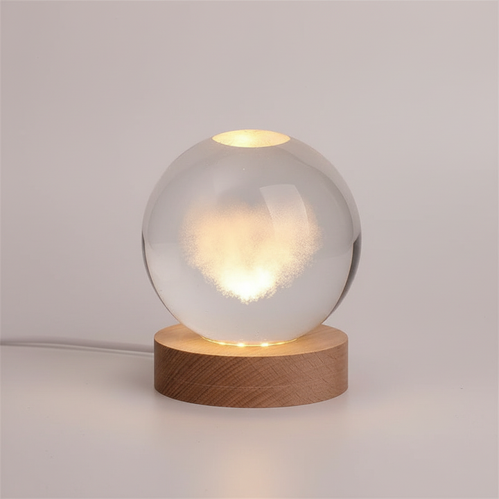 Crystal sphere night light, engraved star patterns, LED illumination, solid wood power