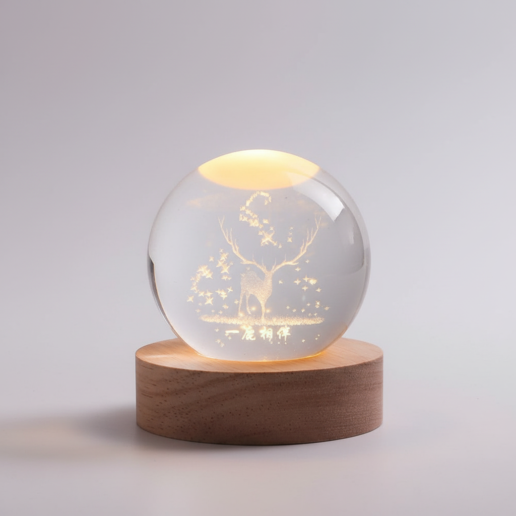 StarLight crystal globe LED lamp, 3D engraved stars, solid wood base, soothing night light