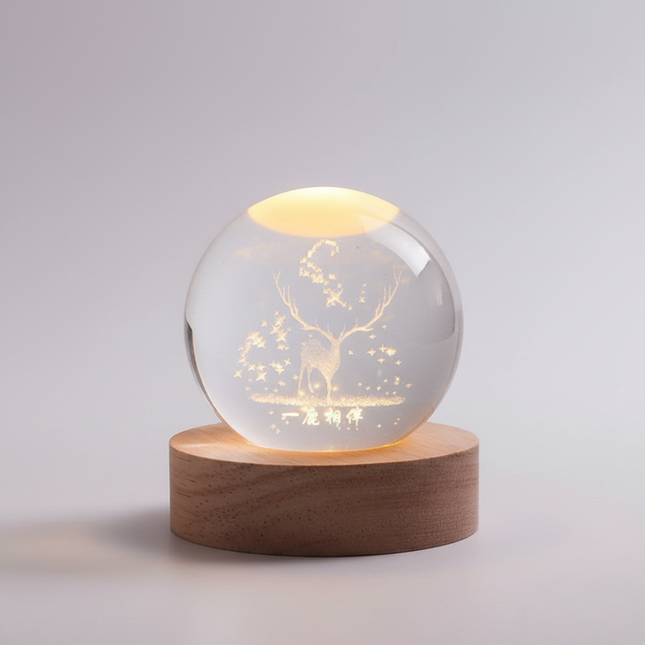 StarLight crystal globe LED lamp, 3D engraved stars, solid wood base, soothing night light