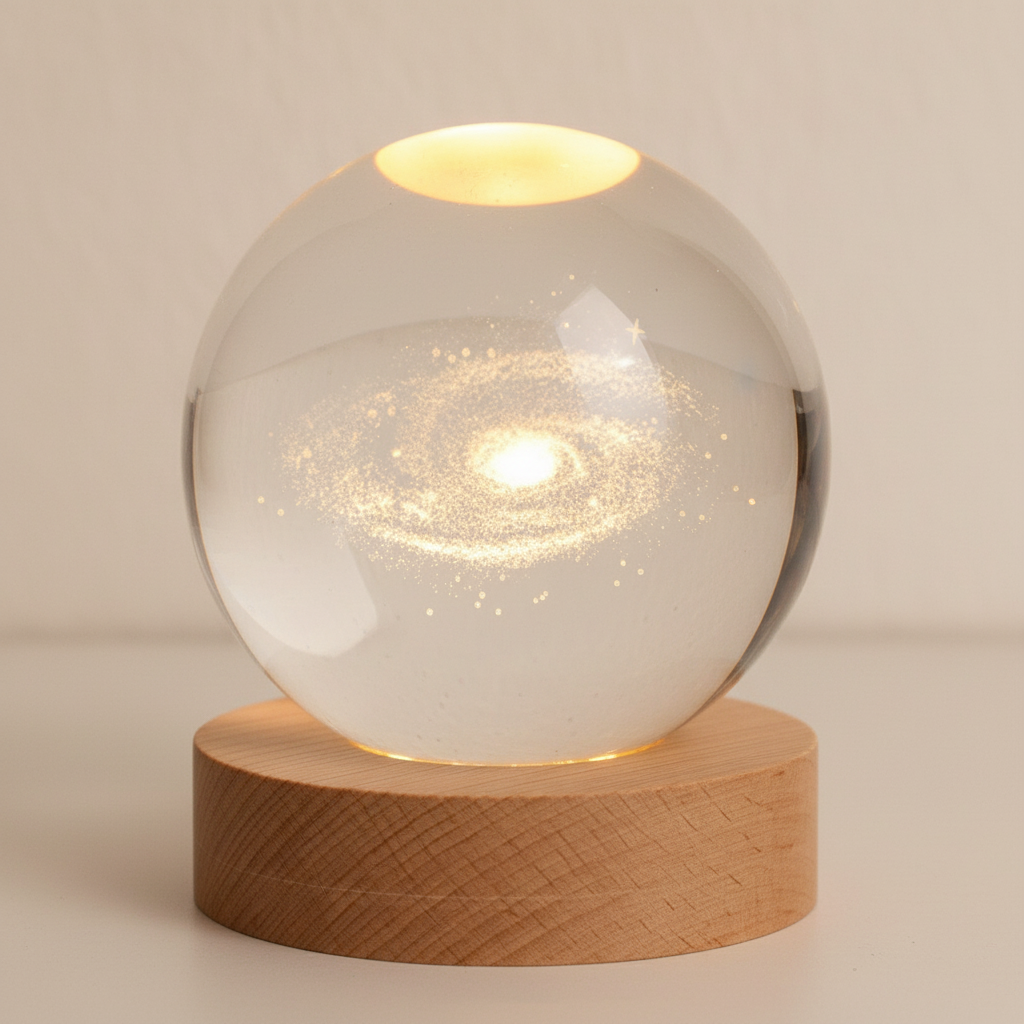 Crystal sphere night light with LED, intricate star engraving, perfect home accent gift