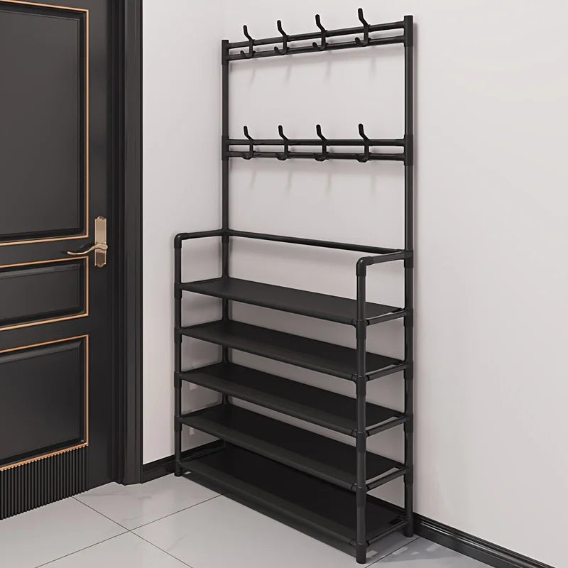 EntryMate multilayer steel coat rack with shoe storage, full view for entryway organization